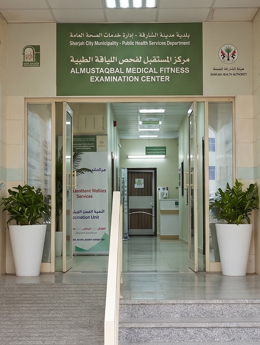 Al Mustaqbal Medical Fitness Examination Center entrance in Al Madam, Sharjah